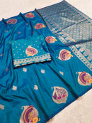 Royal Teal Blue Banarasi Silk Saree with Peacock & Kalash Motifs and Antique Silver Zari Pallu