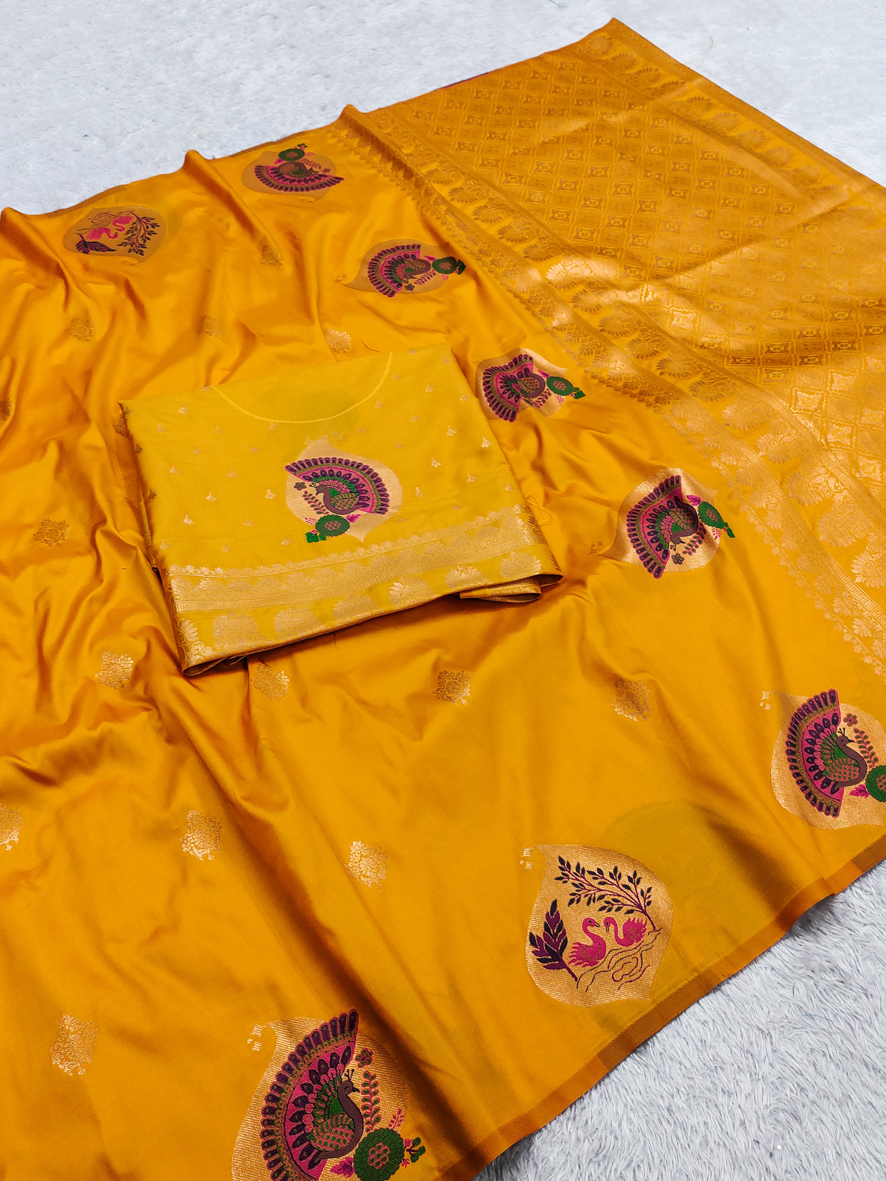 Mustard Yellow Banarasi Silk Saree with Regal Peacock Motifs and Antique Gold Zari Pallu