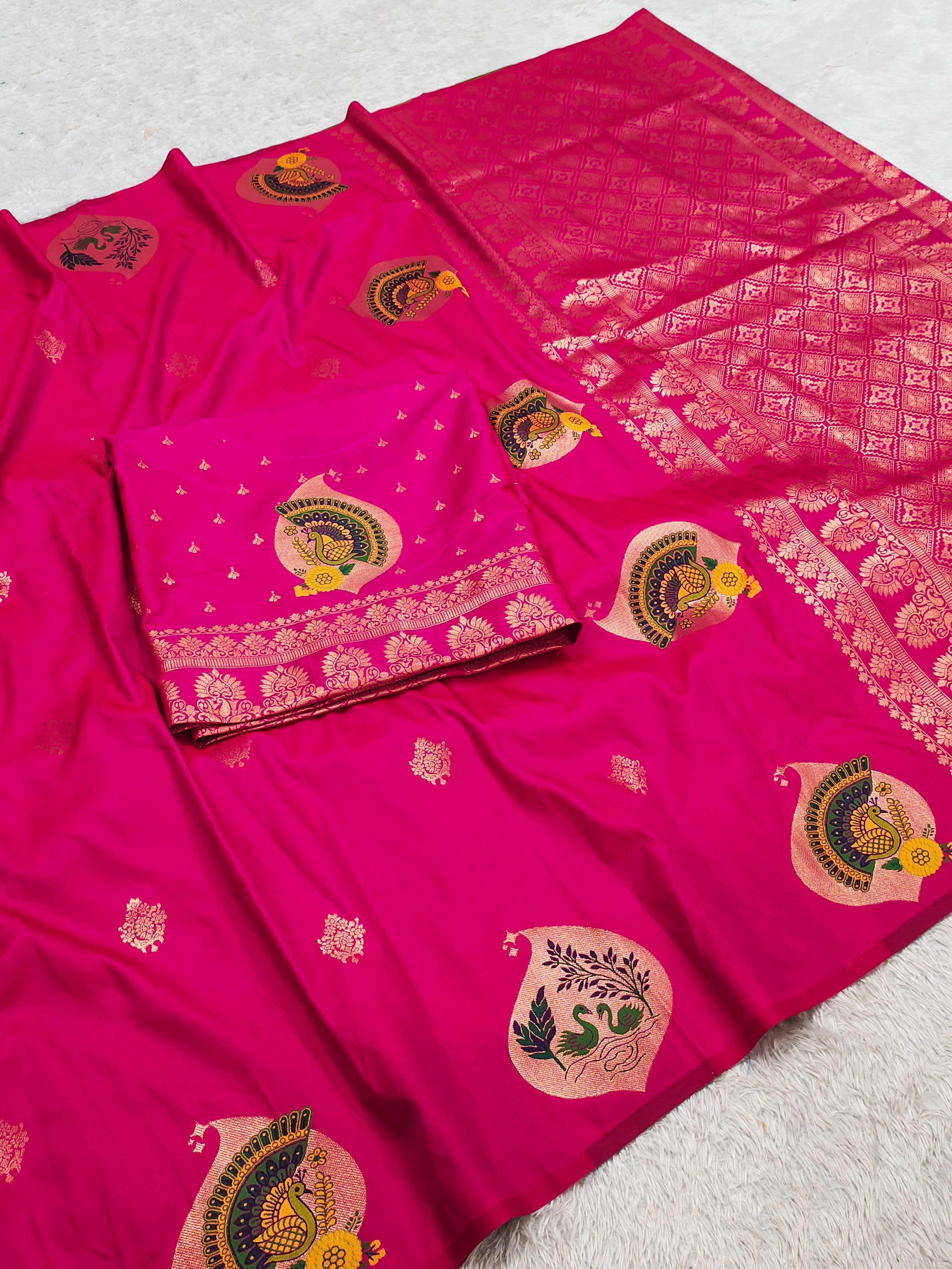 Rani Pink Banarasi Silk Saree with Royal Peacock Motifs and Antique Gold Zari Pallu