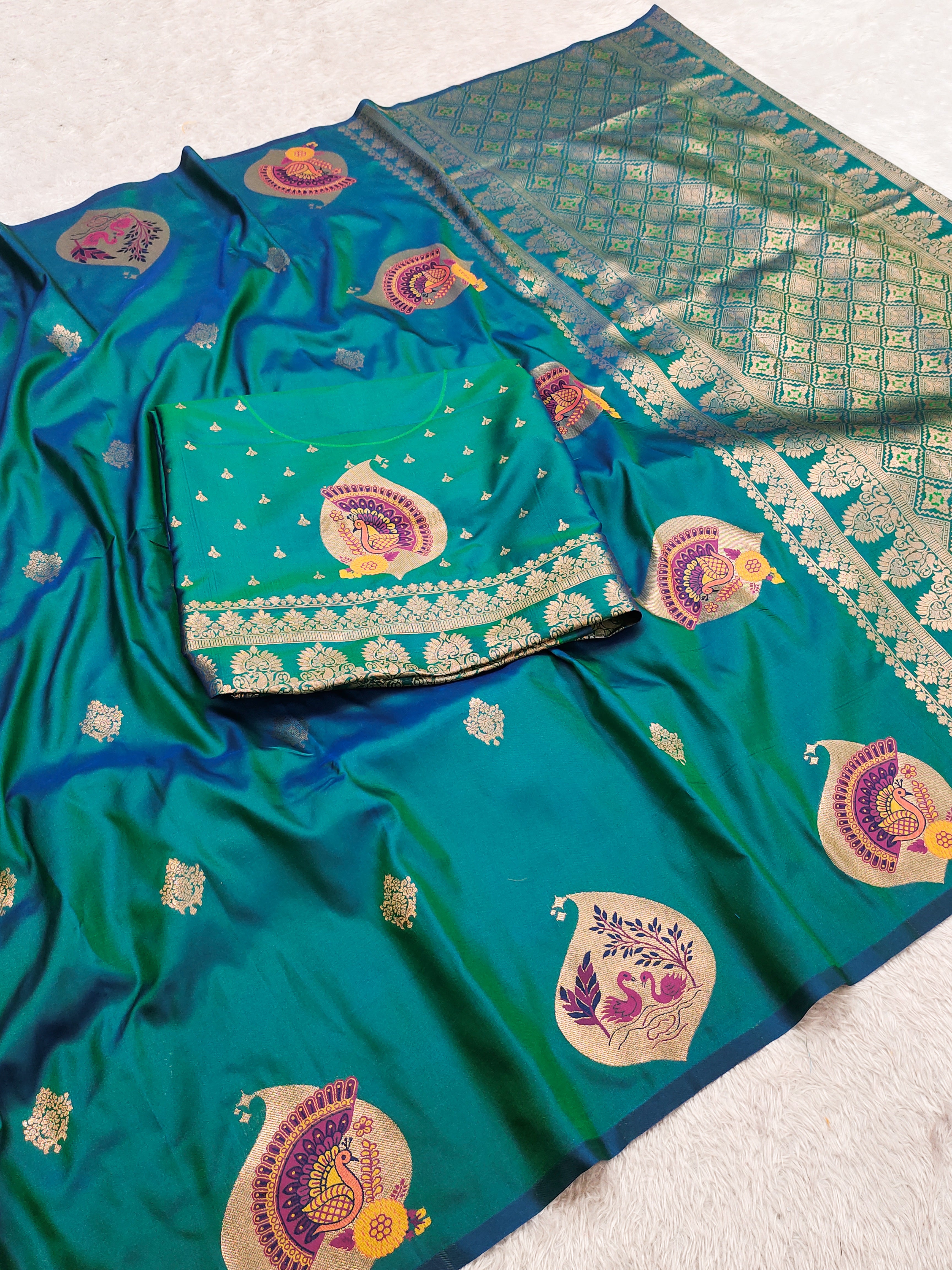 Emerald Teal Green Banarasi Silk Saree with Peacock & Kalash Motifs and Antique Zari Pallu