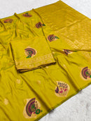 Mustard Yellow Banarasi Silk Saree with Peacock & Kalash Motifs and Grand Zari Pallu