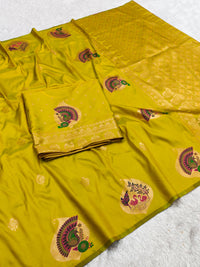 Mustard Yellow Banarasi Silk Saree with Peacock & Kalash Motifs and Grand Zari Pallu