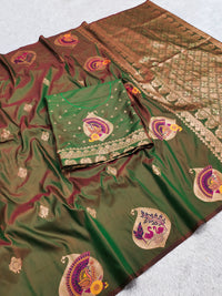 Olive Green Banarasi Silk Saree with Royal Peacock & Swan Motifs and Antique Gold Zari Pallu