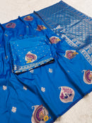 Royal Blue Banarasi Silk Saree with Peacock & Kalash Motifs and Grand Zari Pallu