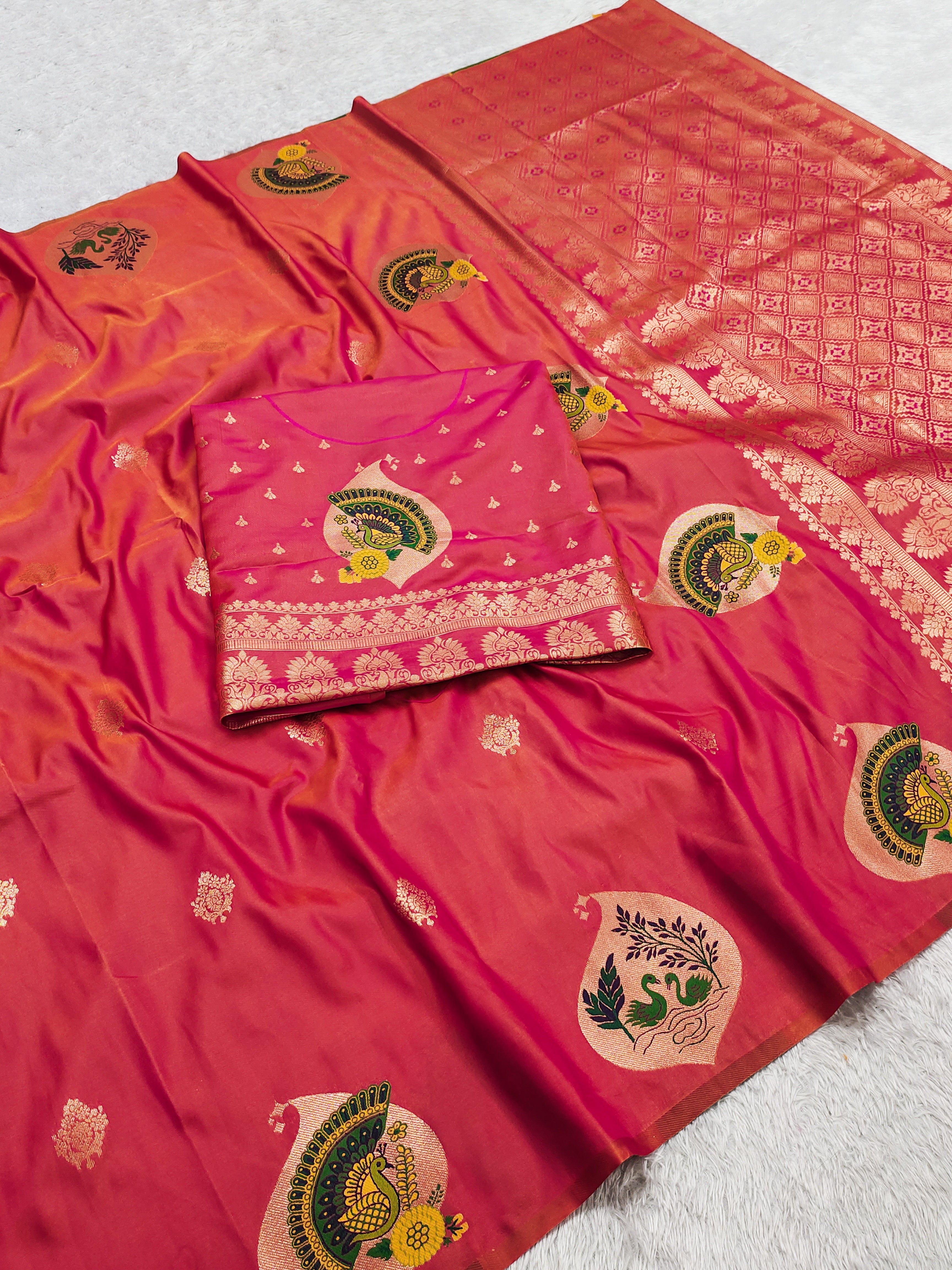 Coral Pink Banarasi Silk Saree with Royal Peacock & Swan Motifs and Antique Zari Pallu