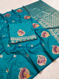 Teal Blue Banarasi Silk Saree with Peacock, Kalash & Swan Motifs and Rich Zari Pallu