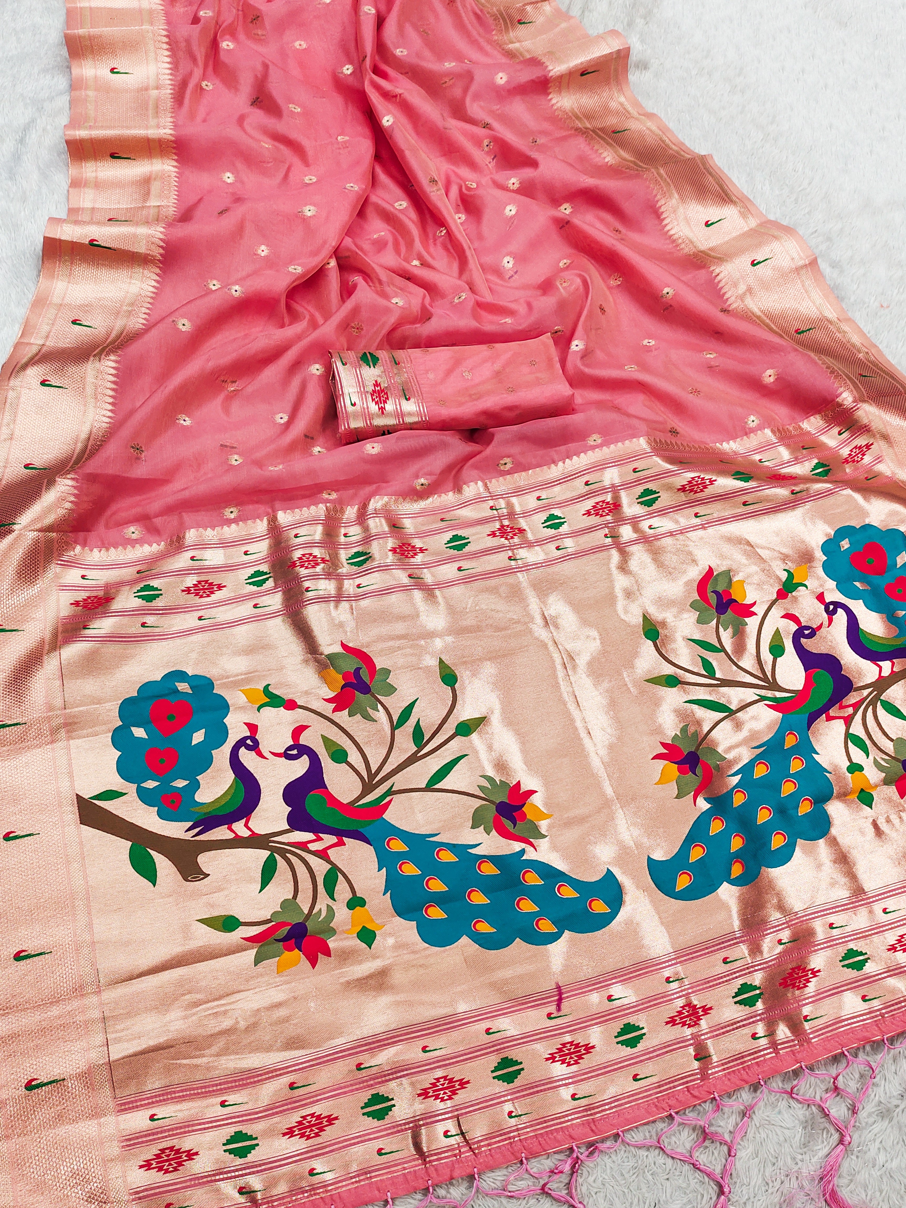 Elegant Pink Paithani Silk Saree with Peacock Pallu & Traditional Zari Border | Premium Festive & Wedding Wear