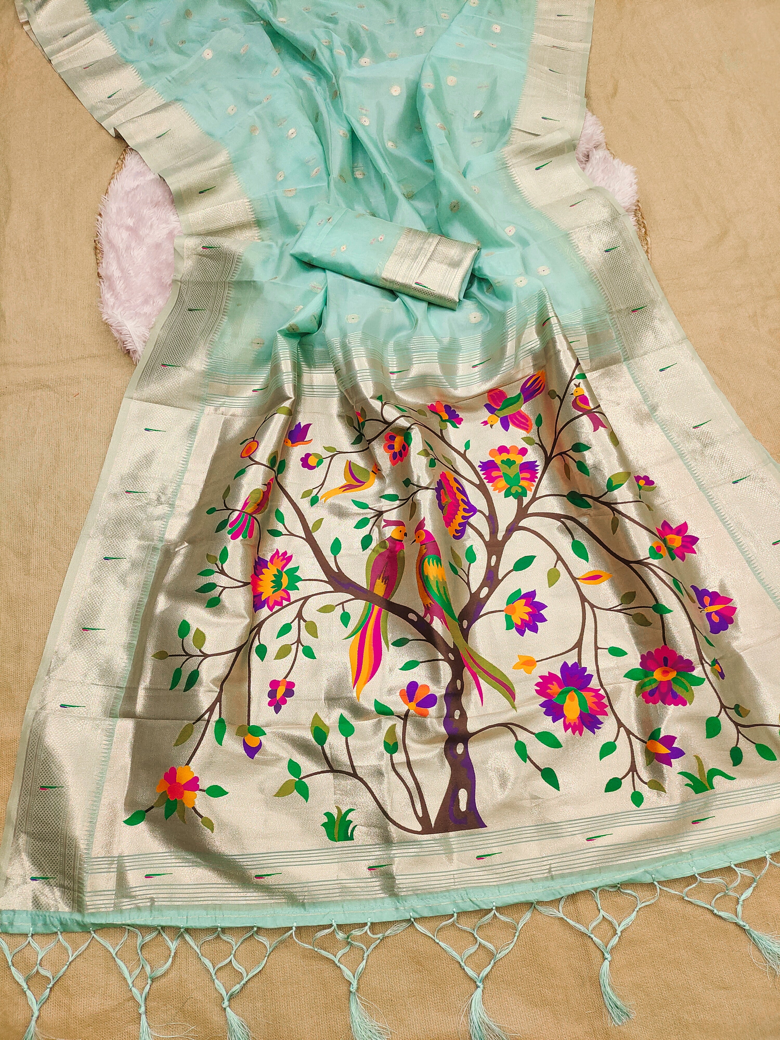 Refreshing Mint Green Paithani Silk Saree with Multicolor Parrot Tree Pallu & Zari Border | Premium Festive & Wedding Wear