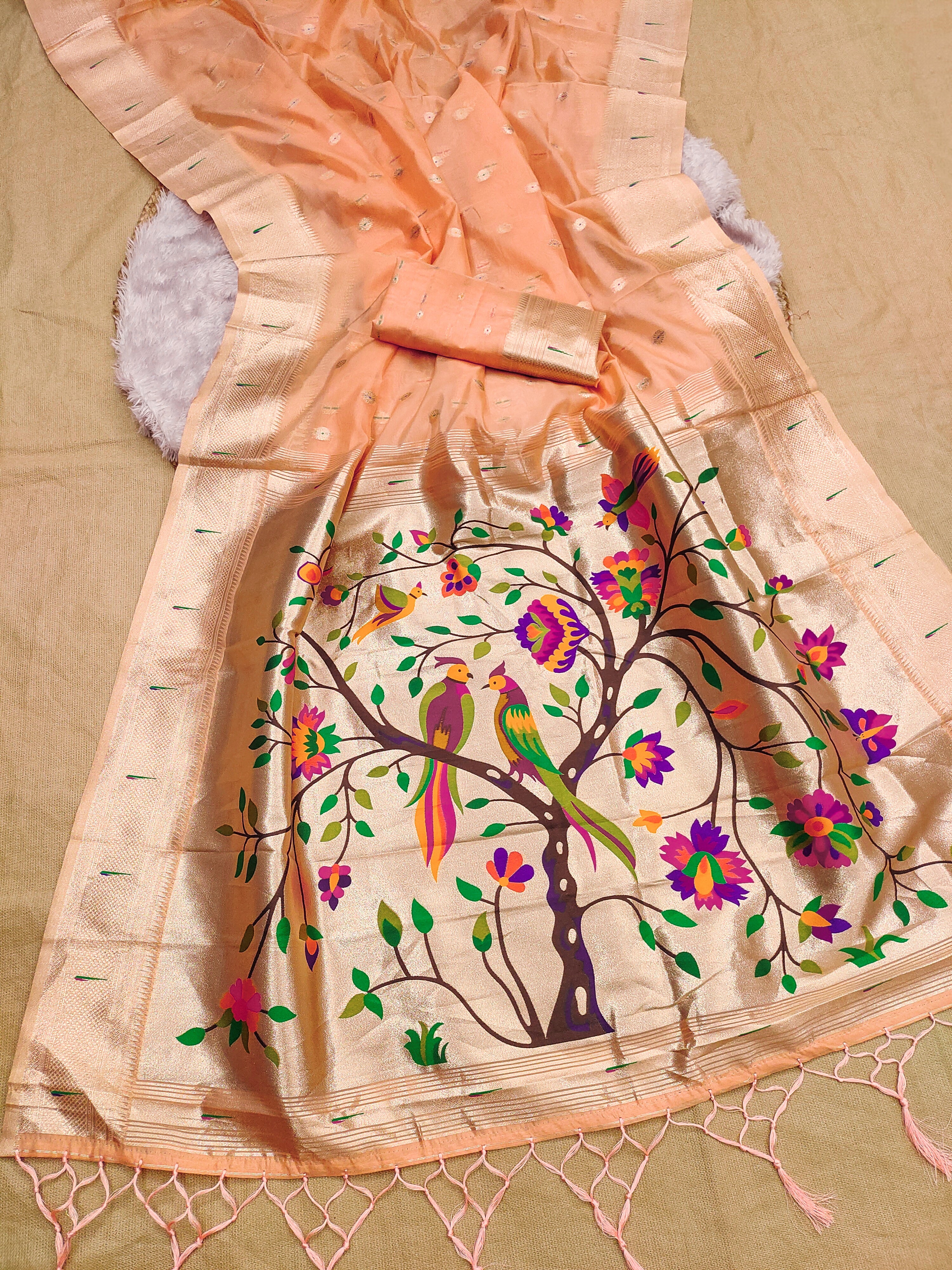 Elegant Peach Paithani Silk Saree with Multicolor Parrot Tree Pallu & Rich Zari Border | Premium Festive & Wedding Wear