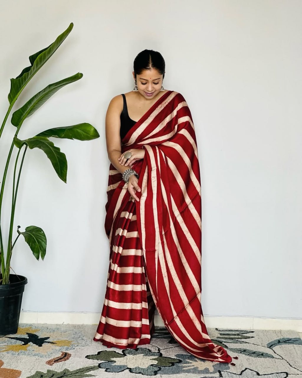 Crimson Leheriya Cotton Silk Saree with Timeless Diagonal Stripe Elegance