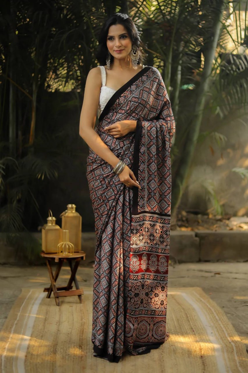 Charcoal Elegance Ajrakh Inspired Silk Saree with Intricate Geometric Heritage Motifs