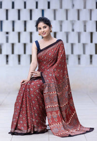 Heritage Rust Ajrakh Inspired Silk Saree with Geometric Royal Motifs