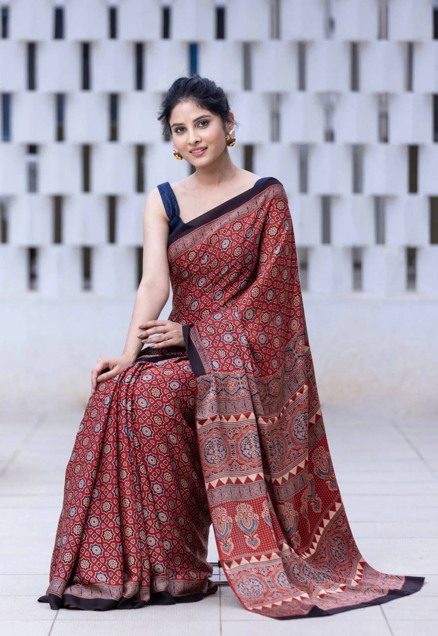 Heritage Rust Ajrakh Inspired Silk Saree with Geometric Royal Motifs