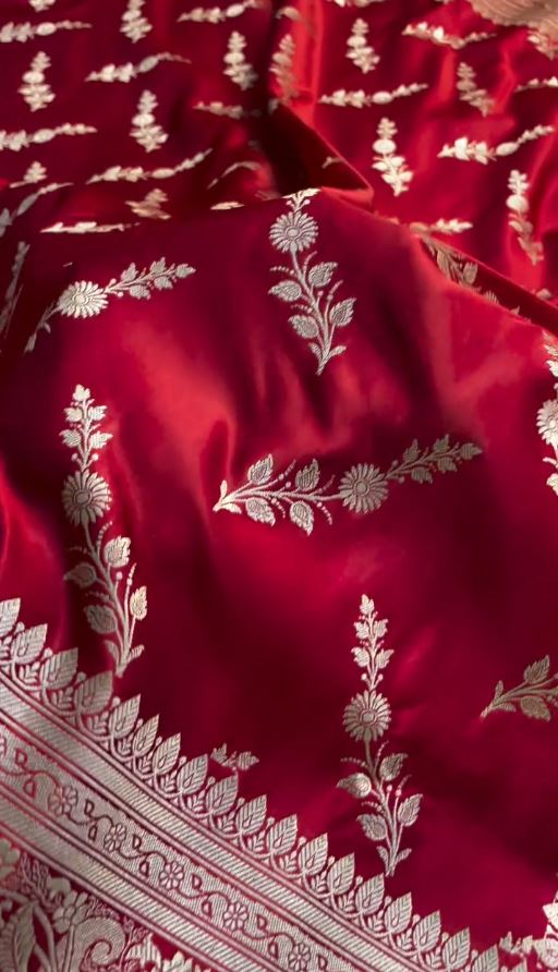 Ruby Red Banarasi Silk Saree with Silver Floral Zari Motifs & Elegant Border | Premium Festive Wear