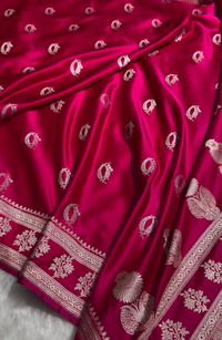 Rani Pink Pure Katan Silk Banarasi Saree with Silver Zari Butta & Rich Woven Border