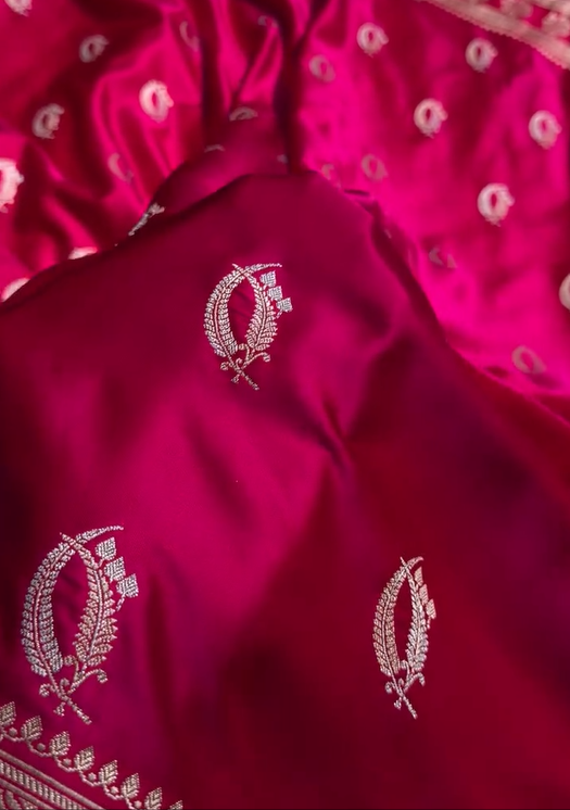 Rani Pink Pure Katan Silk Banarasi Saree with Silver Zari Butta & Rich Woven Border