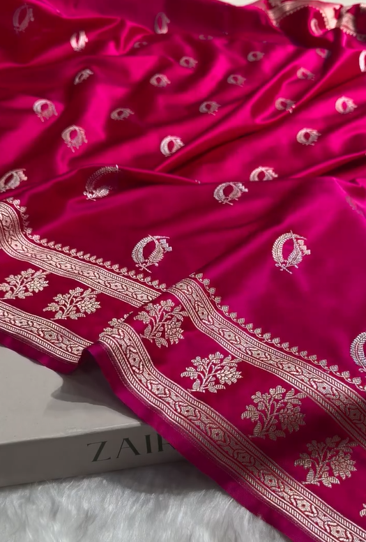 Rani Pink Pure Katan Silk Banarasi Saree with Silver Zari Butta & Rich Woven Border