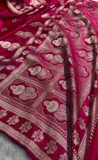 Rani Pink Pure Katan Silk Banarasi Saree with Silver Zari Butta & Rich Woven Border