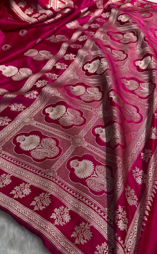 Rani Pink Pure Katan Silk Banarasi Saree with Silver Zari Butta & Rich Woven Border