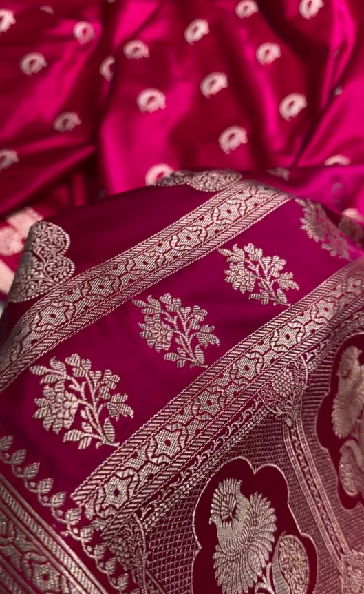 Rani Pink Pure Katan Silk Banarasi Saree with Silver Zari Butta & Rich Woven Border