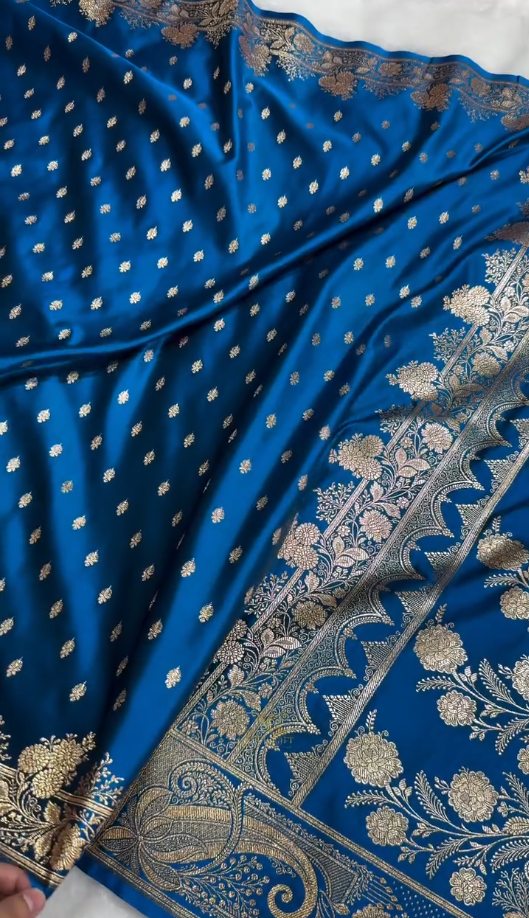 Royal Blue Banarasi Silk Saree with Gold Zari Butta & Floral Woven Border