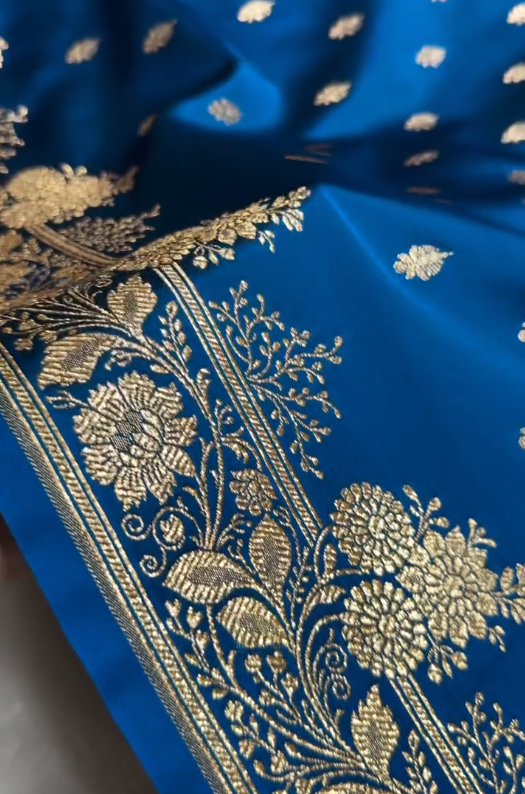 Royal Blue Banarasi Silk Saree with Gold Zari Butta & Floral Woven Border