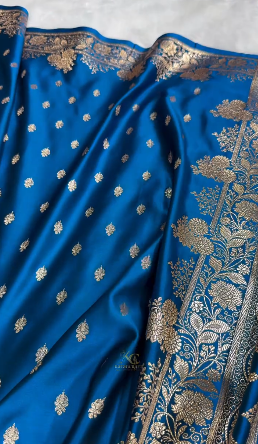 Royal Blue Banarasi Silk Saree with Gold Zari Butta & Floral Woven Border