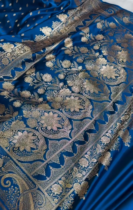 Royal Blue Banarasi Silk Saree with Gold Zari Butta & Floral Woven Border