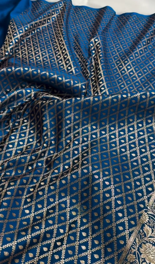 Royal Blue Banarasi Silk Saree with Gold Zari Butta & Floral Woven Border