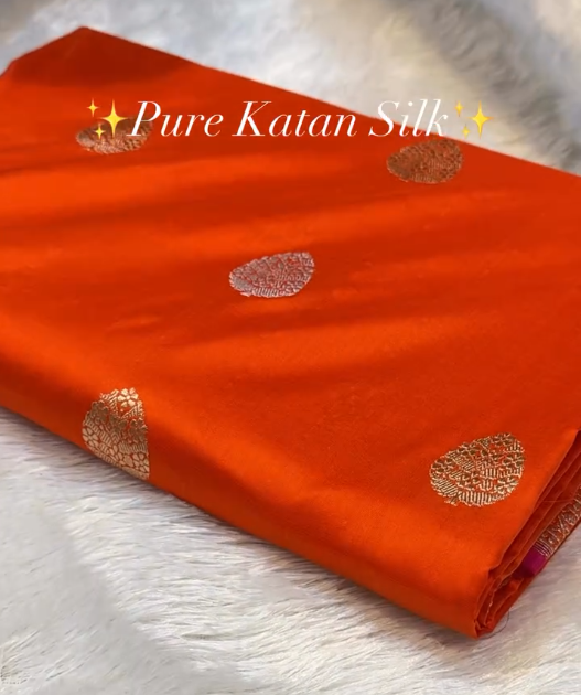 Fanta Orange Pure Katan Silk Banarasi Saree with Silver Zari Butta & Rich Woven Border