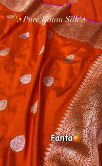 Fanta Orange Pure Katan Silk Banarasi Saree with Silver Zari Butta & Rich Woven Border