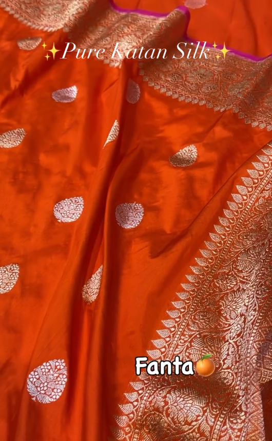 Fanta Orange Pure Katan Silk Banarasi Saree with Silver Zari Butta & Rich Woven Border