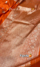 Fanta Orange Pure Katan Silk Banarasi Saree with Silver Zari Butta & Rich Woven Border