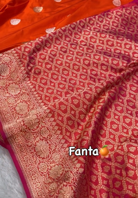 Fanta Orange Pure Katan Silk Banarasi Saree with Silver Zari Butta & Rich Woven Border