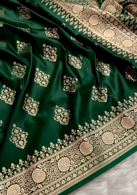 Emerald Green Silk Saree with Heavy Gold Zari Floral Weaving