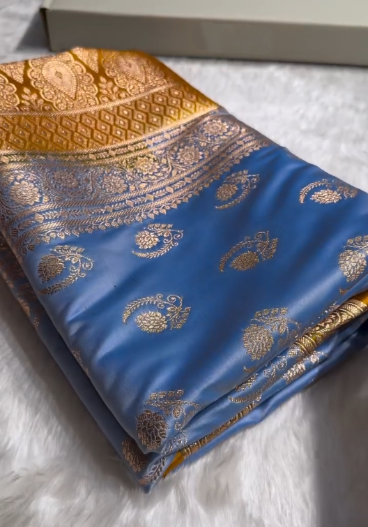 Royal Blue Satin Silk Saree with Exquisite Golden Zari Border and Paisley Weaving