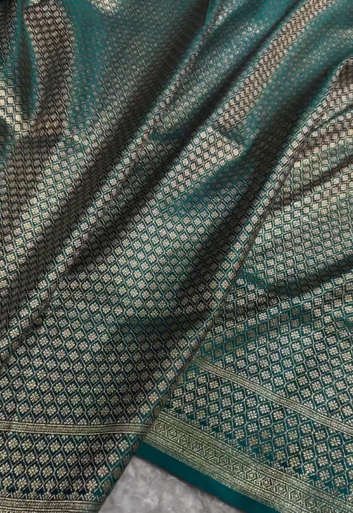 Teal Blue Banarasi Silk Saree with Gold Zari Floral Motifs and Rich Border