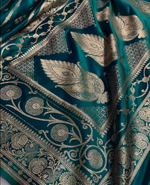 Teal Blue Banarasi Silk Saree with Gold Zari Floral Motifs and Rich Border