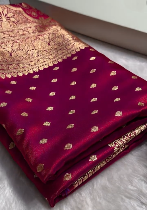Deep Wine Banarasi Silk Saree with Gold Zari Butta and Heavy Traditional Border