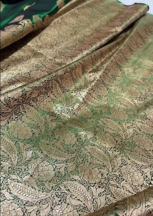 Emerald Green Banarasi Silk Saree with Gold Zari Paisley Buttas & Regal Border
