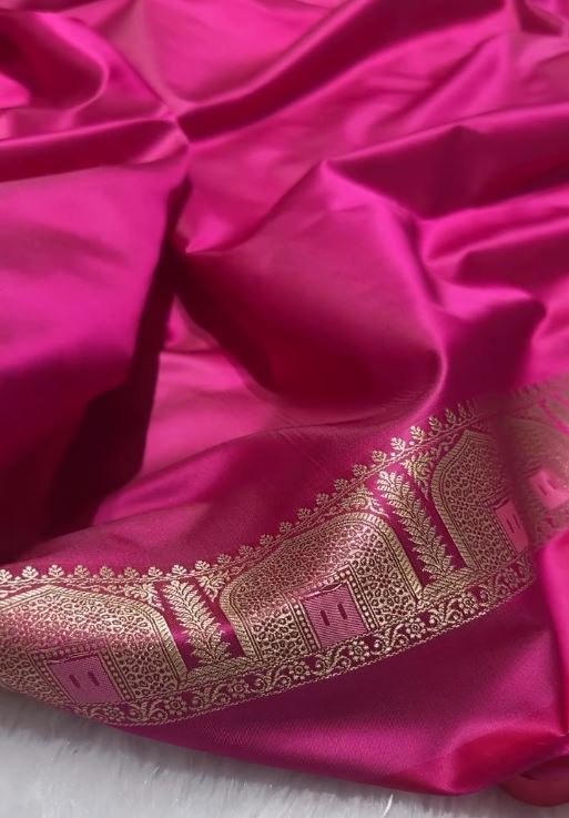 Royal Rani Pink Banarasi Silk Saree with Gold Zari Border & Delicate Buttas