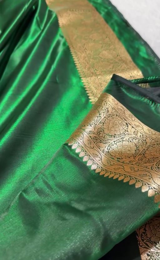 Emerald Green Banarasi Silk Saree with Gold Zari Paisley Buttas & Regal Border