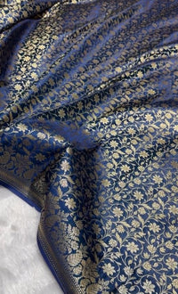 Midnight Blue Banarasi Silk Saree with All-Over Gold Zari Floral Jaal Weaving