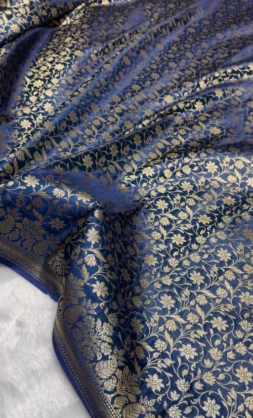 Midnight Blue Banarasi Silk Saree with All-Over Gold Zari Floral Jaal Weaving