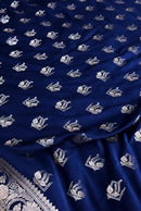 Royal Navy Blue Banarasi Silk Saree with Silver Zari Floral Buttas & Elegant Border