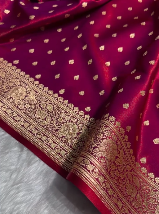 Deep Wine Banarasi Silk Saree with Gold Zari Butta and Heavy Traditional Border