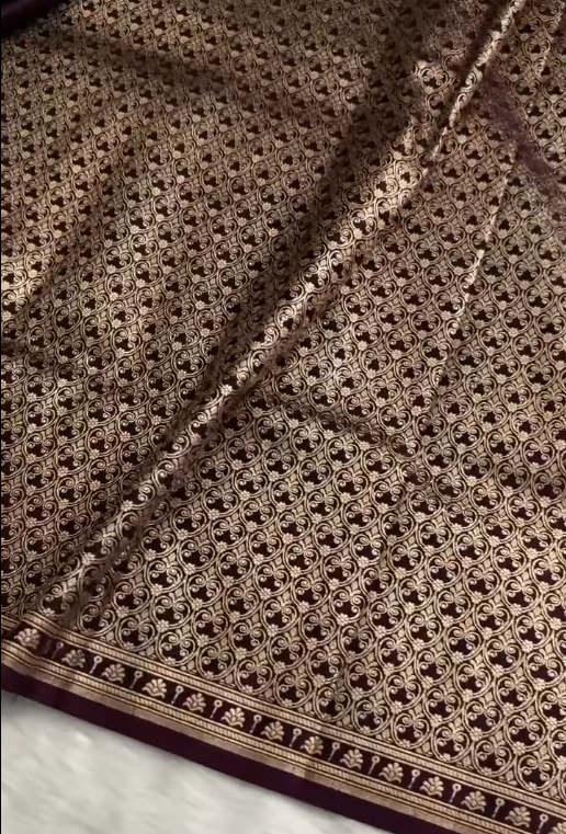 Wine Purple Banarasi Silk Saree with Heavy Floral Gold Zari Border