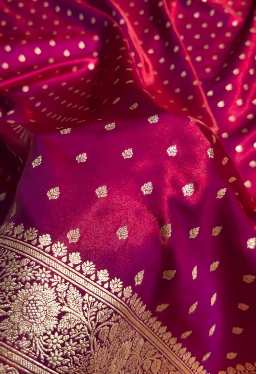 Deep Wine Banarasi Silk Saree with Gold Zari Butta and Heavy Traditional Border