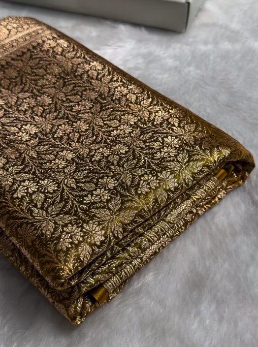 Radiant Golden Satin Silk Saree with All-Over Floral Zari Weaving