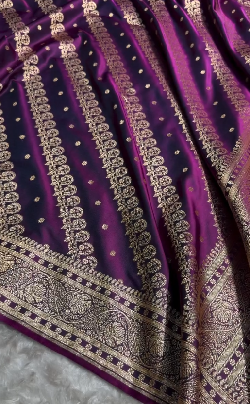 Royal Purple Banarasi Silk Saree with Gold Zari Paisley Border and Butta
